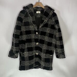 Z Supply Jacket‎ Women Sz XS Black Beige Plaid Hastings Sherpa Plaid Coat Button